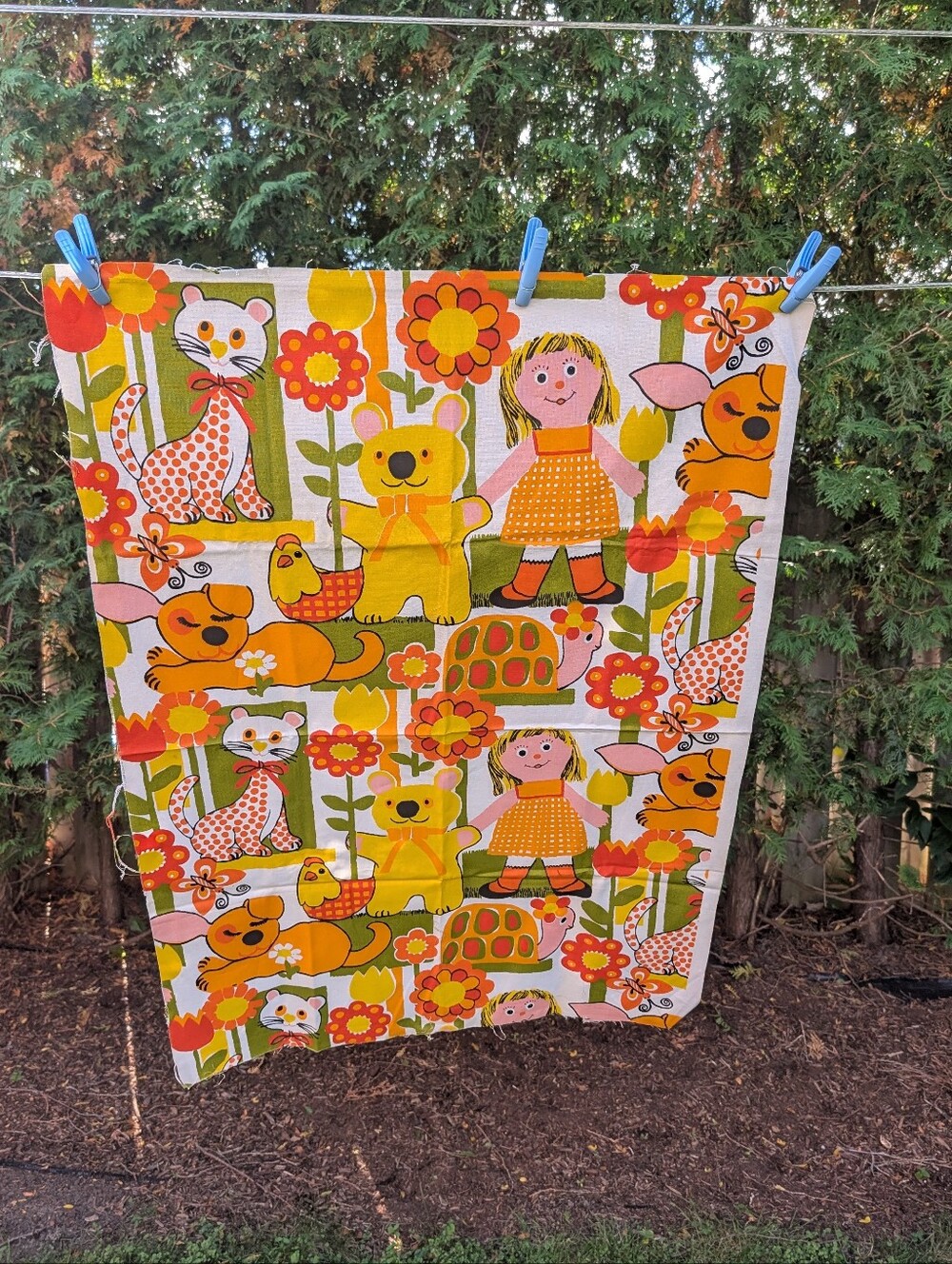Vintage Girls Doll Cat & Animals Retro Fabric Material Yellow Orange Pattern
